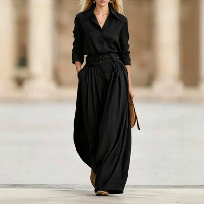 Women Solid Two Piece Outfit Autumn Lapel Long Sleeve Button Shirt + High Waist Pleated Wide Leg Pants Set Casual Office Suits
