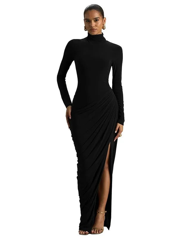 Slim Fit High Neck Pleated Dress with Slit Elegant Lady's Long Sleeve Dress Thick Material High Waist Bodycon Gown for Women - Kimlud