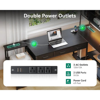 71 inch L Shaped Desk with 5 Drawers Reversible L Shaped Gaming Desk with LED Light 2 Power Outlets Computer Desk with Storage