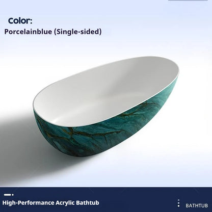 Luxury marble-patterned freestanding bathtub, oval-shaped artificial stone soaking tub, suitable for hotels and villas.