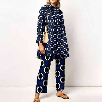 Autumn New Vintage Printed Pant Sets Women Long Shirts And Wide Legs Trousers Two Piece Set Fashion Trendy Streetwear Lady Suits