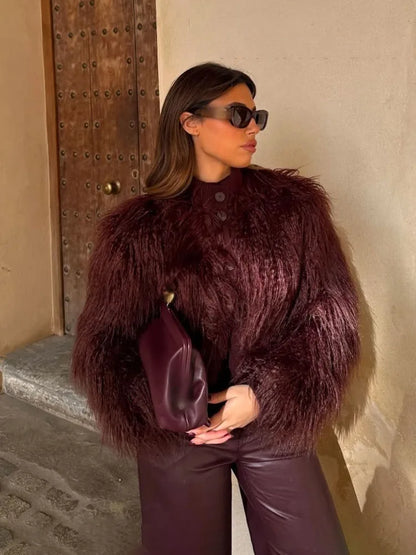 HH Women's New Faux Fur Effect Knitted Crew Neck Jacket Female Winter Elegant Temperament Single-Breasted Long Sleeve Coat