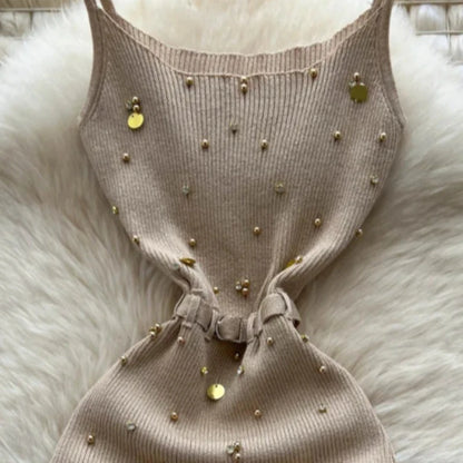 Women's Beige Spaghetti Strap Square Neck Gold Dot Embellished Belted Stretchy Knit Bodycon Maxi Dress Elegant Party Long Dress - Kimlud