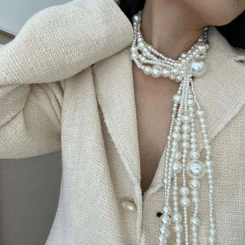 Elegant Multilayer Imitation Pearl Long  tassel knot Chain Necklace for Women Elegant Beads Choker Party  Jewelry