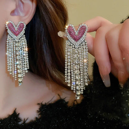 Fashion Long Tassel Rhinestone Drop Earrings for Women Pink  Heart Crystal Dangle Earrings Statement Jewelry