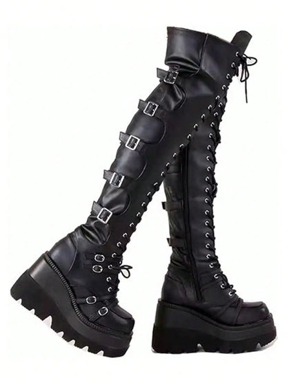 Gothic Over The Knee Boots Y2k Chunky Heel Lace Up Combat Booties Metal Buckle Punk Women Cosplay Holloween Dress Shoes