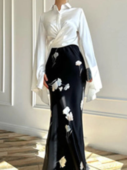 Elegant Blouse Skirt Sets Women Lace Up Lapel Long Flare Sleeve Button Shirts Fishtail Skirt Autumn Suits 2025 New...