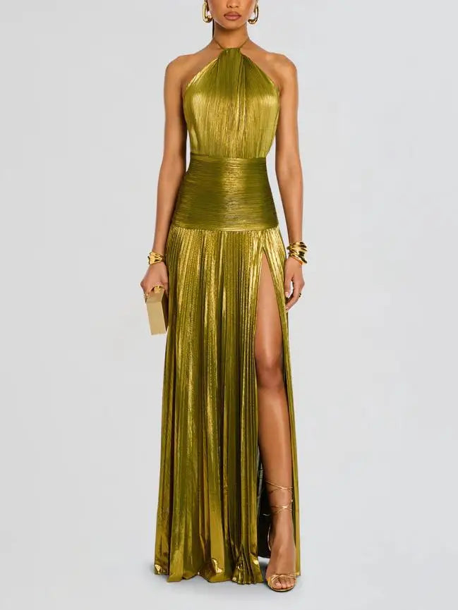 Gold Halter Neck Evening Dress Woman Chic Solid Color Pleated Backless Package Hip Slit Dress Fashion Trendy Lady Party Vestidos
