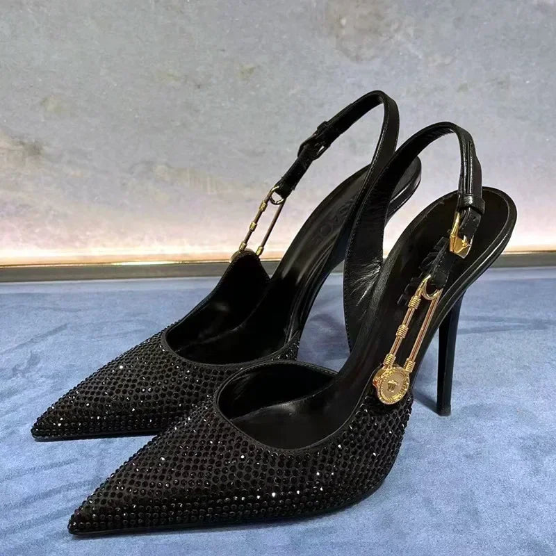 Luxury Rhinestones Sexy High Heels Women Pointed Toe Sandal Elegant Ladies Metal Buckle Fashion Design Banquet Dress Shoes Pumps
