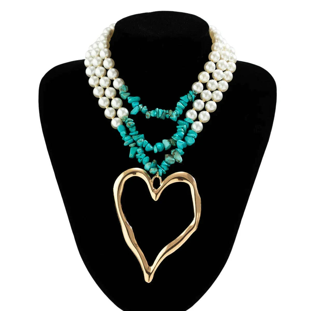 Punk Metal Big Heart Shaped Pendant Necklace Vintage Geometric Green Stone Imitation Pearl Chain Short Necklace Women's Jewelry