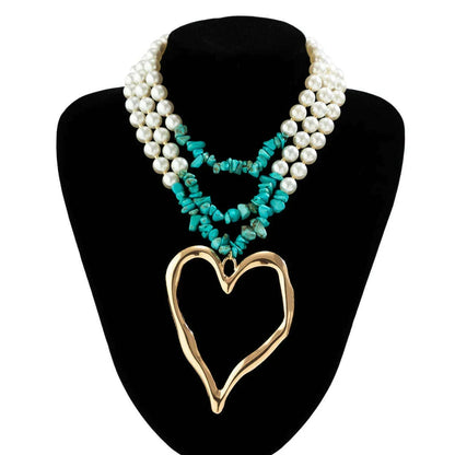Punk Metal Big Heart Shaped Pendant Necklace Vintage Geometric Green Stone Imitation Pearl Chain Short Necklace Women's Jewelry
