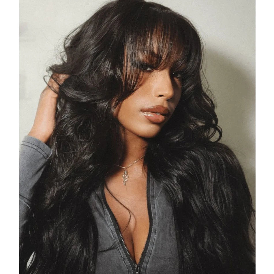 250% 3X1 Middle Part Lace Wig Full Machine Made 15A Body Wave Wigs With Bangs Easy To Go Human Hair For Black Women Natural Look