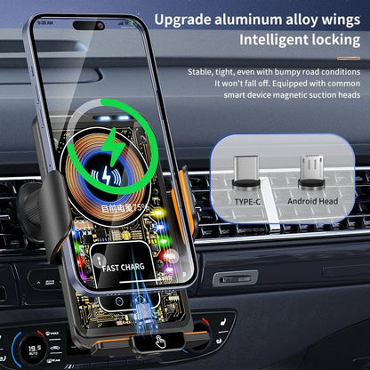 Max 66W Magnetic 15W Car Wireless Charger Fast Charging Auto-Clamping RGB Light Phone Holder Stand Bracket For iPhone Samsung