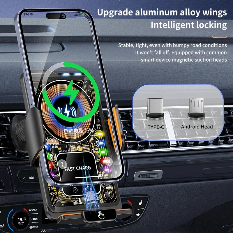 Max 66W Magnetic 15W Car Wireless Charger Fast Charging Auto-Clamping RGB Light Phone Holder Stand Bracket For iPhone Samsung