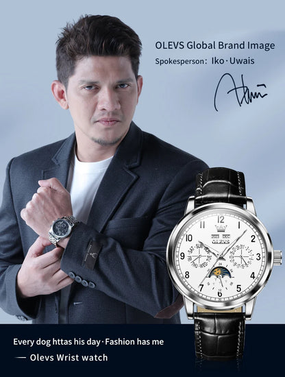 OLEVS 6698 Mens Watch Luxury Dress Brand Moon Phase Automatic Mechanical Watch For Men Leather Waterproof Dual Calendar...