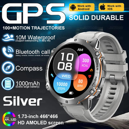 2025New Outdoor Military GPS Compass Smart Watch Men 1.73"HD AMOLED Screen 1000MAH Heart Rate BT Call IP68 Waterproof Smartwat