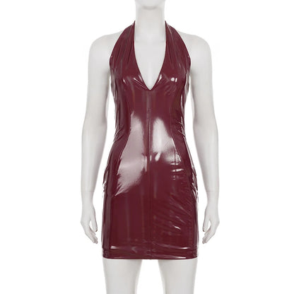 Sexy Pu Leather Bodycon Dress Slim-Deep V-Neck Sleeveless Backless Mini Dresses For Women 2025 Summer Fashion Streetwear...