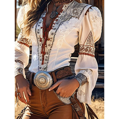 Vintage Western Women's Blouse Lace-up Puff Long Sleeve Spring Summer Cowgirl Shirts Ethnic Music Festival Country Party Blouses