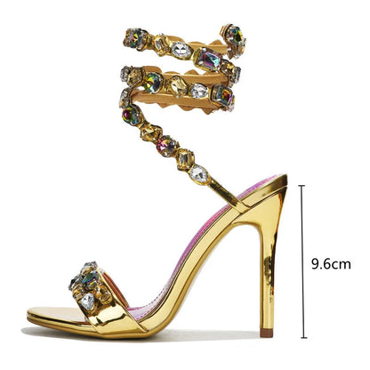 Star style Luxury Crystal Embellished Wraparound Women Sandals Stiletto High heels Gladiator Sandals Summer Wedding Prom Shoes - Kimlud