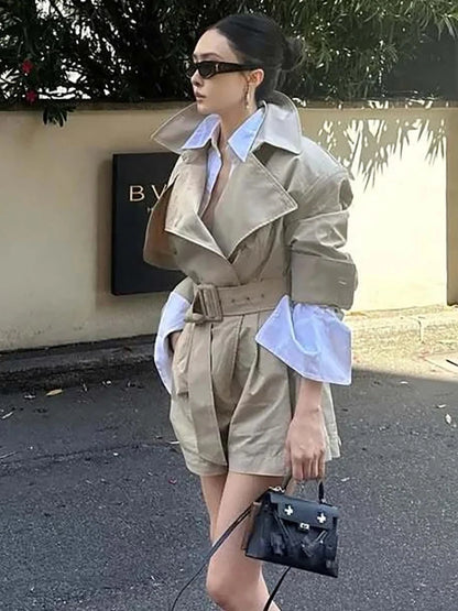DEAT Fashion Khaki Jumpsuit Women's Lapel Double-Breasted Sashes Trench Coat Loose Rompers Autumn New 7A1521 - Kimlud