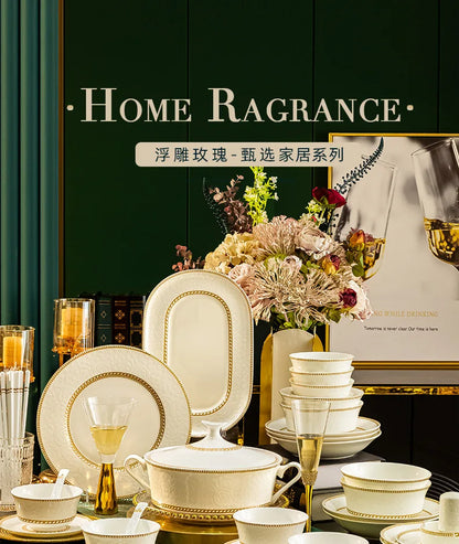 2025 New Jingdezhen Dishes Tableware Free Combination Household High-grade Bone China Tableware Housewarming Relief Rose