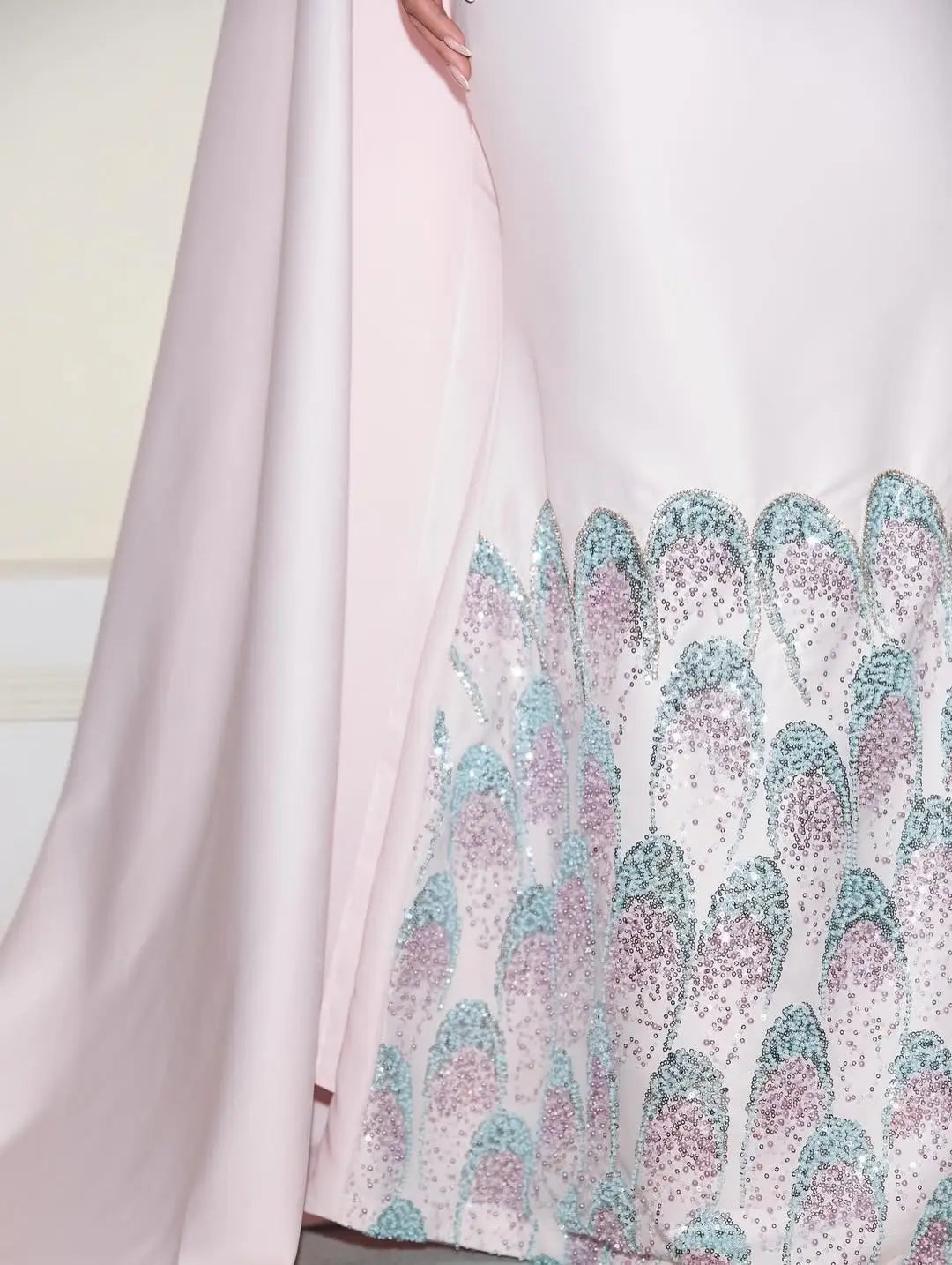 Ofherown Light Pink Mermaid Evening Dress With Cape Long Sleeve High Neck Peacock Crystal Beaded Prom Gown For Wedding Party