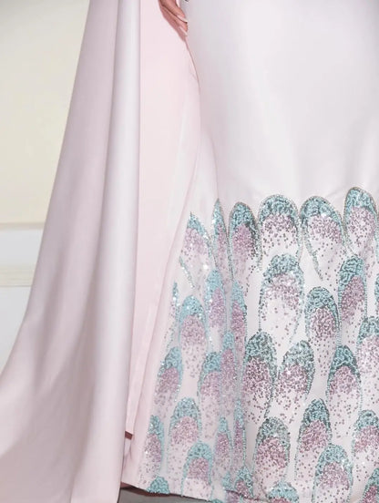 Ofherown Light Pink Mermaid Evening Dress With Cape Long Sleeve High Neck Peacock Crystal Beaded Prom Gown For Wedding Party