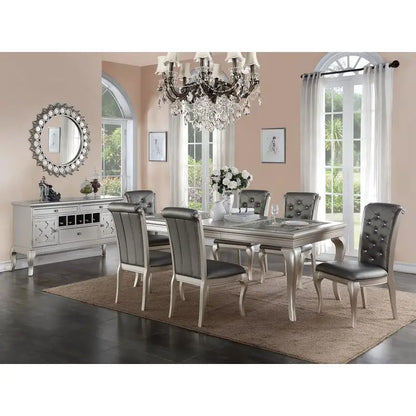7pc Rect. Glass Dining Table Set w/ Silver Hue & 6 Tufted Side Chairs for Dining Room - Kimlud