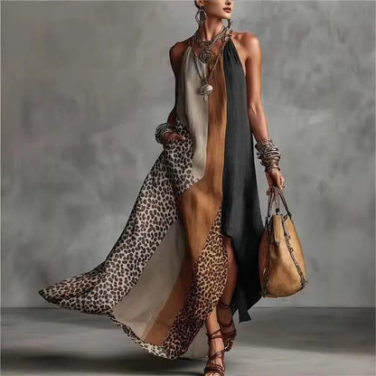 Boho Leopard Print Patchwork Women Maxi Dress Halter Neck Hollow Out Split Long Dresses Summer Sleeveless Vacation Party...