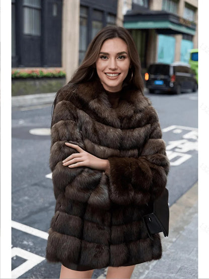 LANMREM Brown Hooded Women's Faux Mink Fur Coat Thick Autumn Winter Chic New Cardigan Mid Length Loose Warm Jackets 2DB4632