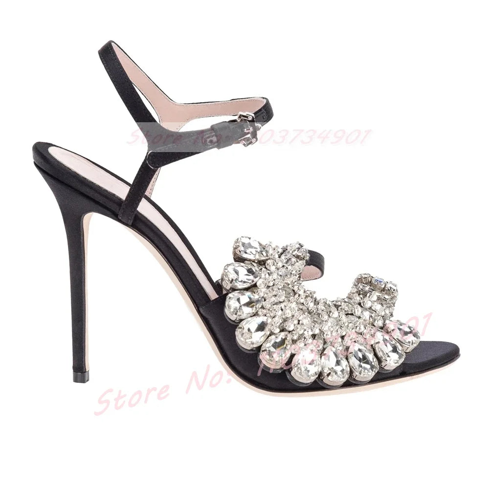 Open Toe Crystals Flower Sandals Women Wedding Luxury Ankle Strap Round Toe Stiletto High Heels Shoes Lady Party Summer Sandals