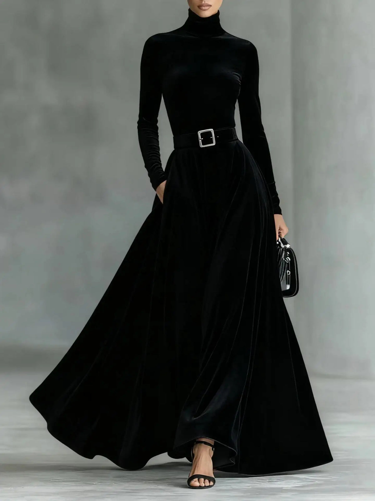 Velvet High Collar Base Dr Evening Gown mid Waist Long Skirt Ci Commute Sle Autumn Season Women's Faion Single Piece |...