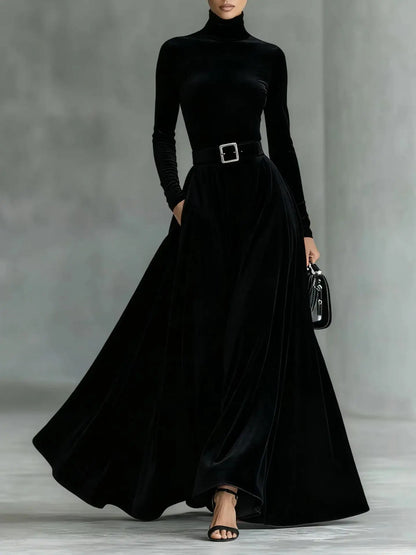Velvet High Collar Base Dr Evening Gown mid Waist Long Skirt Ci Commute Sle Autumn Season Women's Faion Single Piece |...