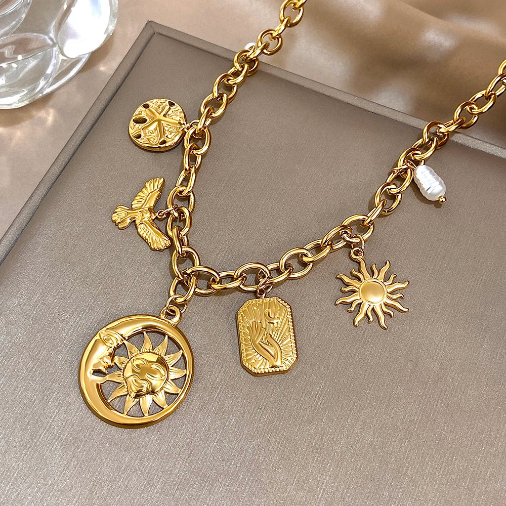 Greatera Stainless Steel Sun Moon Multi Accessory Necklace Gold Color Pearl Pendant Waterproof Light Luxury Jewelry For...