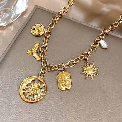 Greatera Stainless Steel Sun Moon Multi Accessory Necklace Gold Color Pearl Pendant Waterproof Light Luxury Jewelry For...
