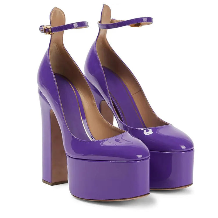 Women New European And American Style Super High Heels Patent Leather Round Toe Thick Sole Large Size Thick Heel Shoes