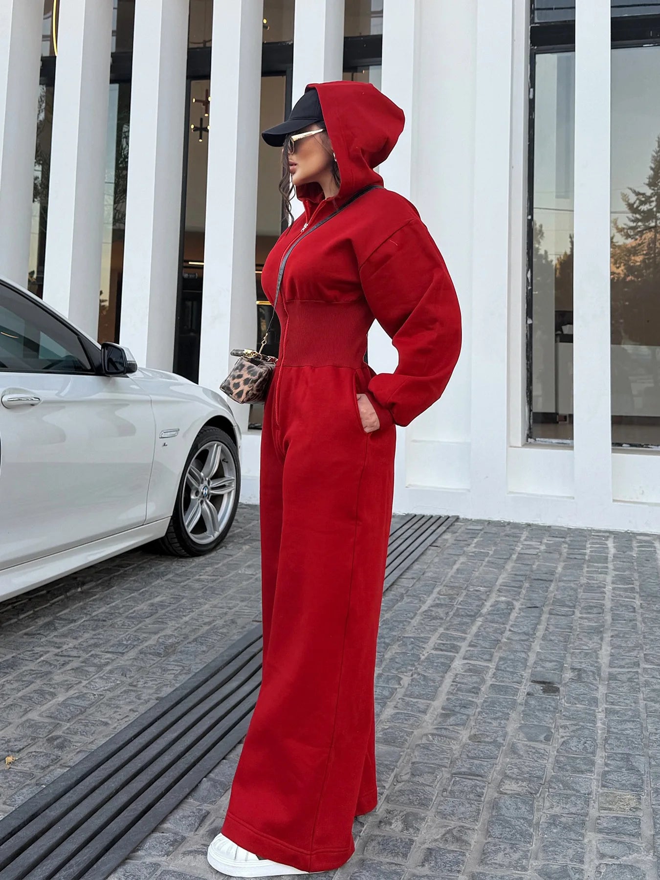 Women's Hooded Zipper Elastic Waist Jumpsuit Long Pants Sports Casual Solid Color Comfortable Casual Cross-Border Style