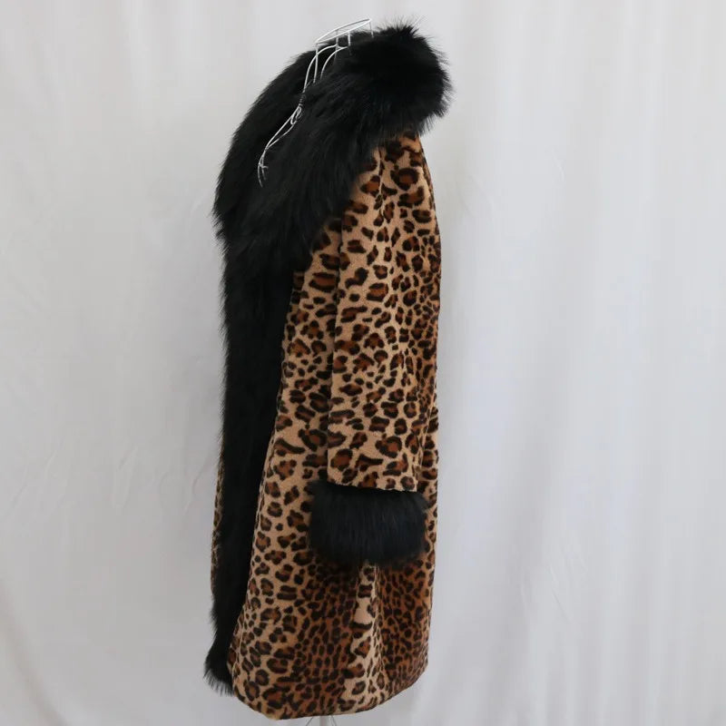 Women's Clothing Leopard Print Coat Long Coat Mink Fur Overcoat Fox Fur Fur Collar Winter Warm Windbreaker Loose Fit Plus Size