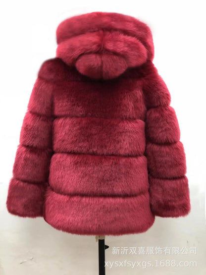 Women Hooded Thick Jackets Fur Faux Solid Zipper Coat Long Sleeve Cardigan Spliced Hoodies Warm Streetwear Coats Winter