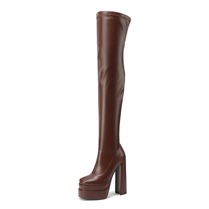 Square Toe Super High Three-Layer Platform Fashion Women's Over The Knee Boots Thick Heel Side Zipper Slip-On Plush Lining Boots