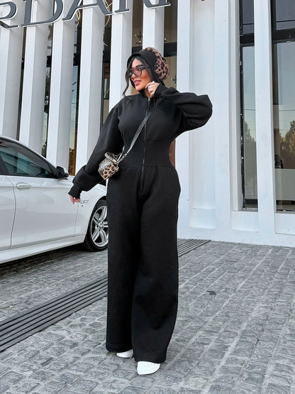 Women's Hooded Zipper Elastic Waist Jumpsuit Long Pants Sports Casual Solid Color Comfortable Casual Cross-Border Style