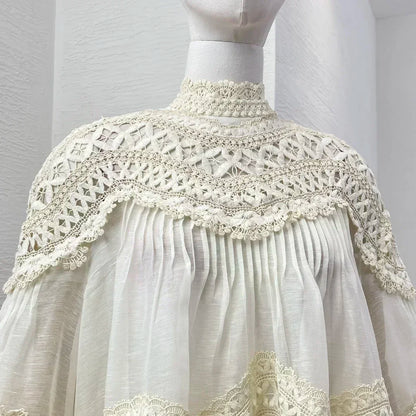 Linen Silk High Quality New Arrivals Hollow Out Long Lantern Sleeve Braid Embroidery Women Vintage Loose Blouse Tops