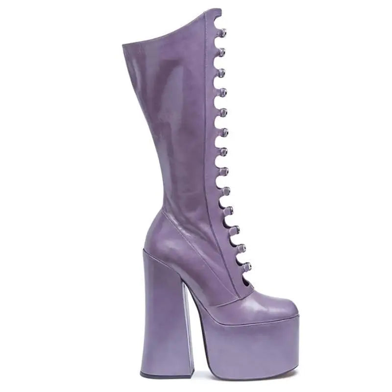 Women's Autumn Thick Bottom Hollow Knee High Boots Side Zipper Square Heel Pole Dance Female Sexy Shoes Super High Heel Platform - Kimlud