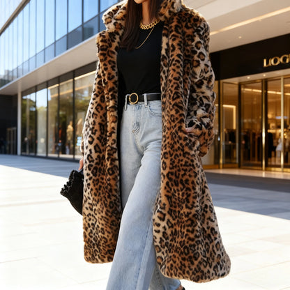 Leopard Faux Fur Women Long Coats Autumn Winter Print Jackets Turn Down Collar Maxi Punk Gothic Coat Thick Warm Open Stitch
