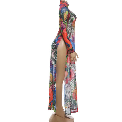 Spring New Women's Long Sve High Collar Plant Print Maxi Top Faionable Individuatic f High Ne Long Open Split Top