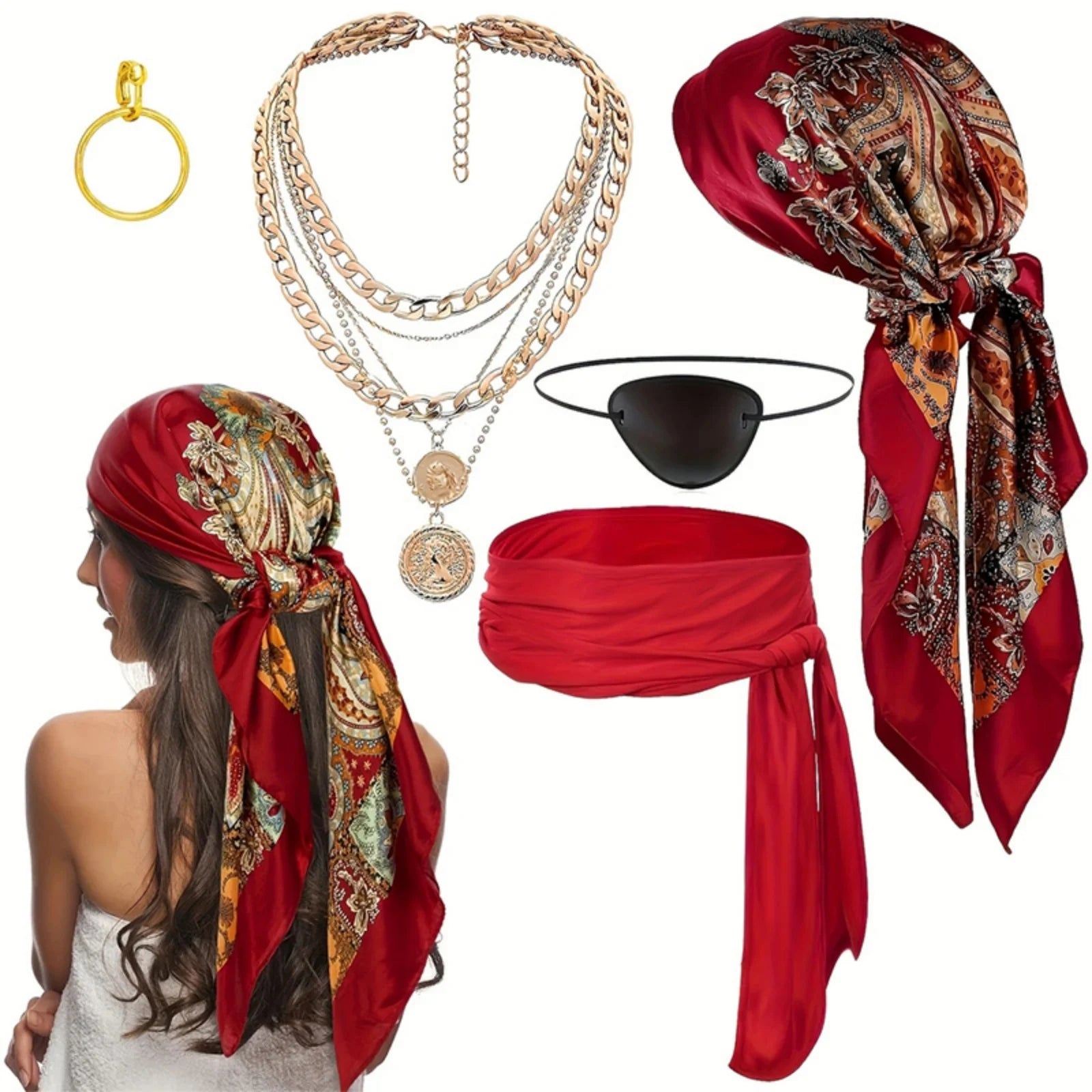 6pcs Halloween Pirate Cosplay Accessory Set - Headscarf, Waist Belt, Necklace, Eye Mask. Red/Black, Ideal for Halloween Parties