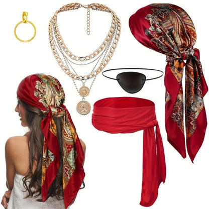 6pcs Halloween Pirate Cosplay Accessory Set - Headscarf, Waist Belt, Necklace, Eye Mask. Red/Black, Ideal for Halloween Parties