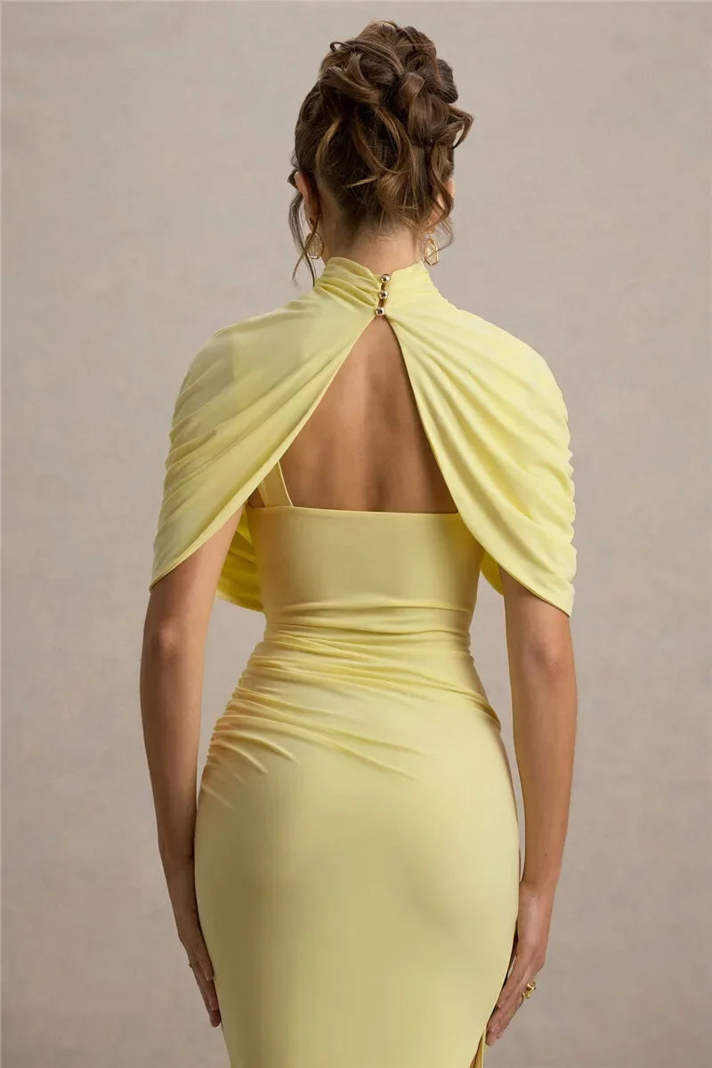 Half Sleeve Backless Ruched Sexy Maxi Dress Women Summer New Turtleneck Slim High Waist Evening Club Party Long Dress
