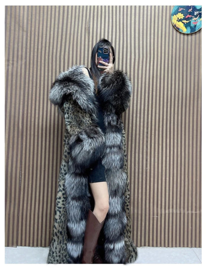 120cm Length Women's Genuine Rabbit Fur Coat Fox Fur Hooded Long Jacket Luxury Overcoats