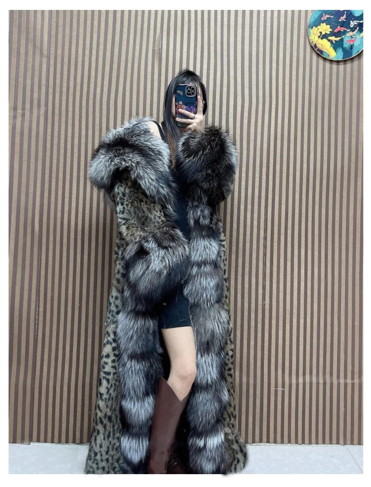 120cm Length Women's Genuine Rabbit Fur Coat Fox Fur Hooded Long Jacket Luxury Overcoats